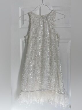 Aidan Mattox Ivory Sequin Midi Dress with Feather Hem